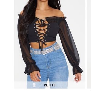 $Petite black cropped lace front long sleeve Blouse